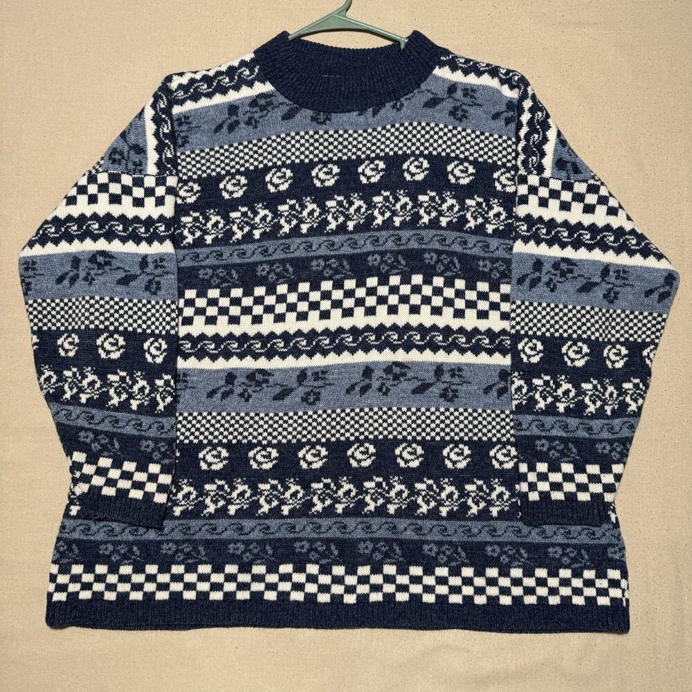VTG Rose Womens Vintage 80s Nordic Fair Isle Pullover Sweater Size XL Blue White